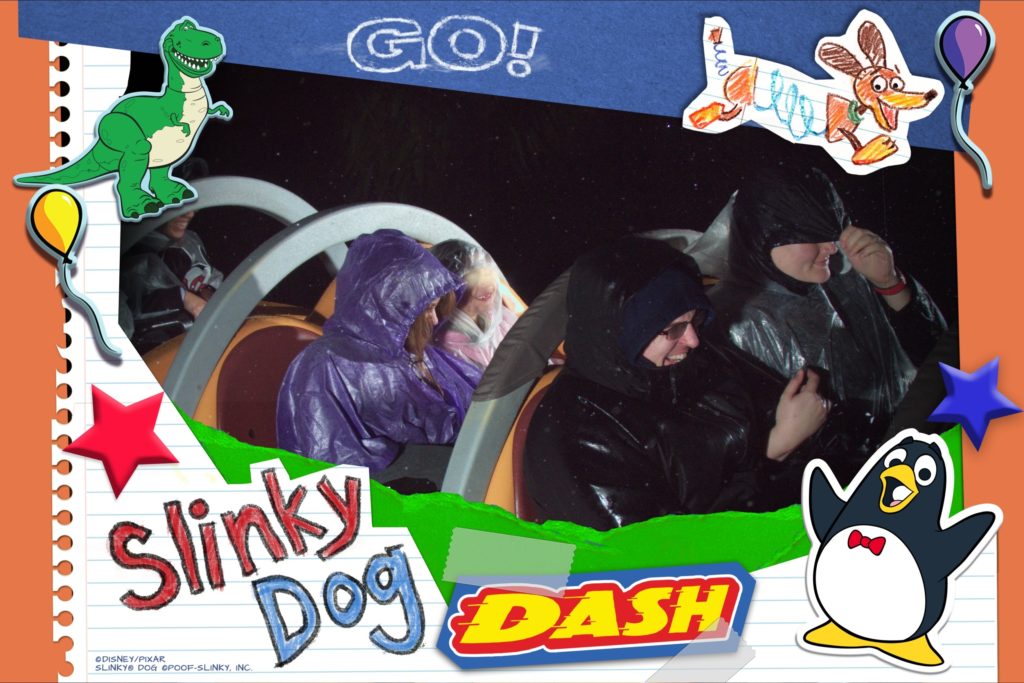 Heather and Brian Riding Slinky Dog Dash in the Pouring Rain and Cold