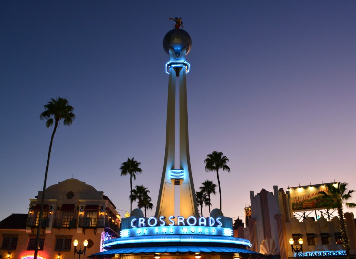 The Crossroads of the World at sunset in Hollywood Studios