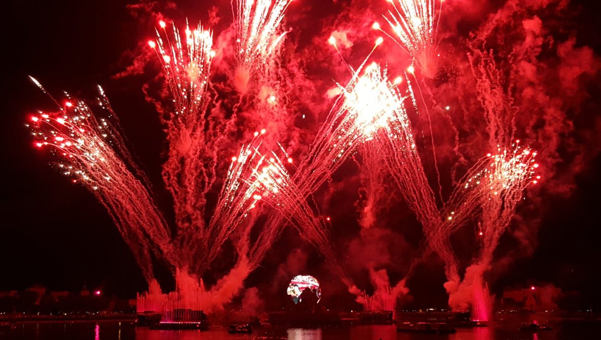 Earth Globe and illuminations Fireworks at Epcot World Showcase