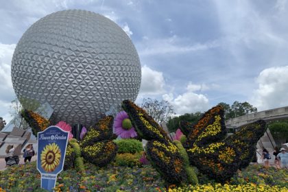 Image of the Topiaries in front of Spaceship Earth for the 2019 Epcot International Flower and Garden Festival