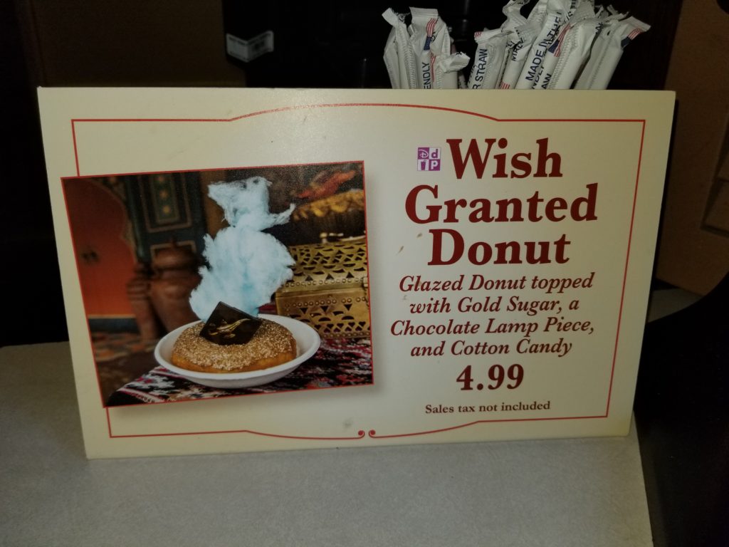 Sign for the "Wish Granted Donut" at Sunshine Tree Terrace - $4.99 Sales tax not included