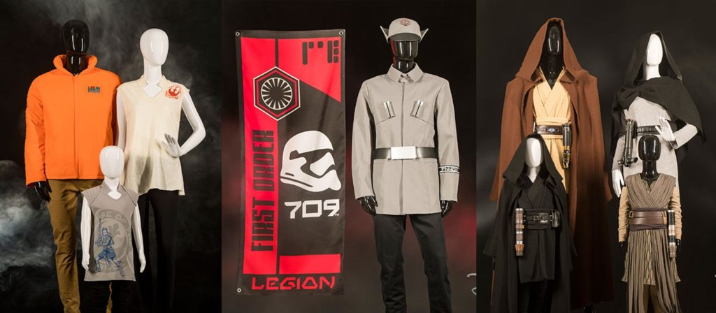 Three sets of mannequins wearing Star Wars themed clothing from left to right, Resistance Supply, First Order Cargo, and Black Spire Outfitters.