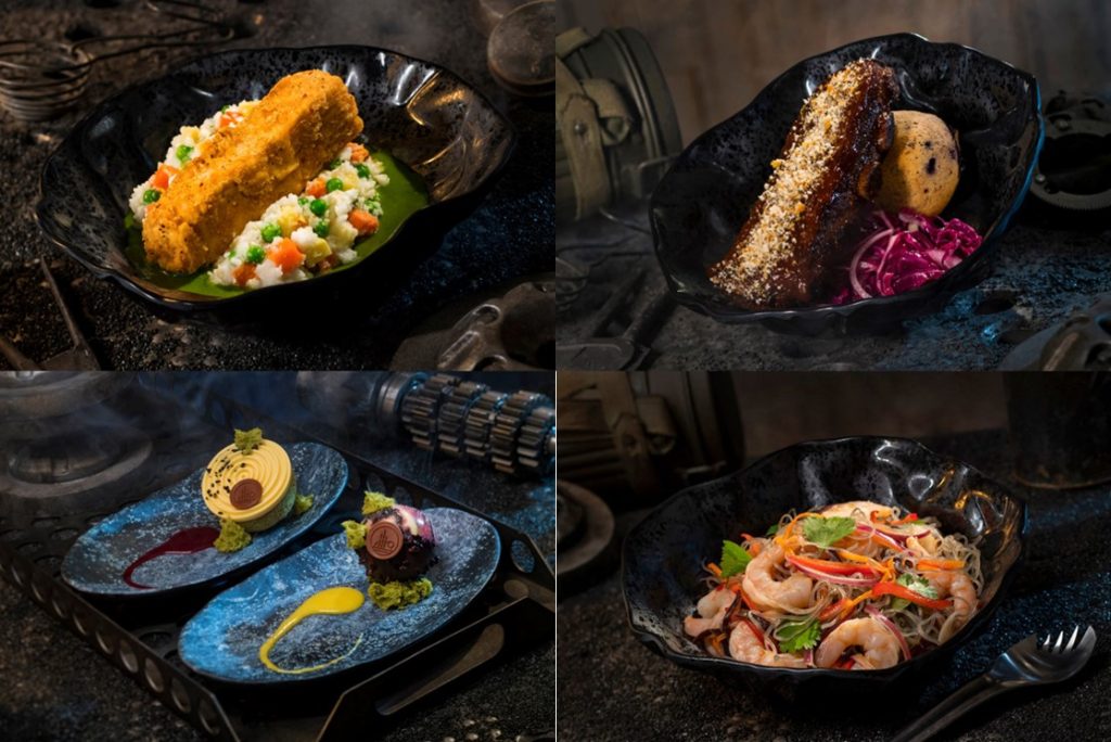 Four pictures of food in bowls.  Clockwise from the upper left corner: Fried Endorian Tip-Yip, Smoked Kaadu Ribs, Yobshrimp Noodles, and two plates with small desserts on them.