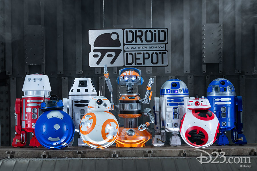 A picture of droids.  The one in the middle is holding a sign that says Droid Depot.