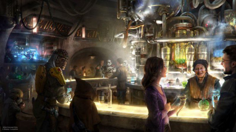 Concept art of a group of people and aliens around a bar with a bartender.