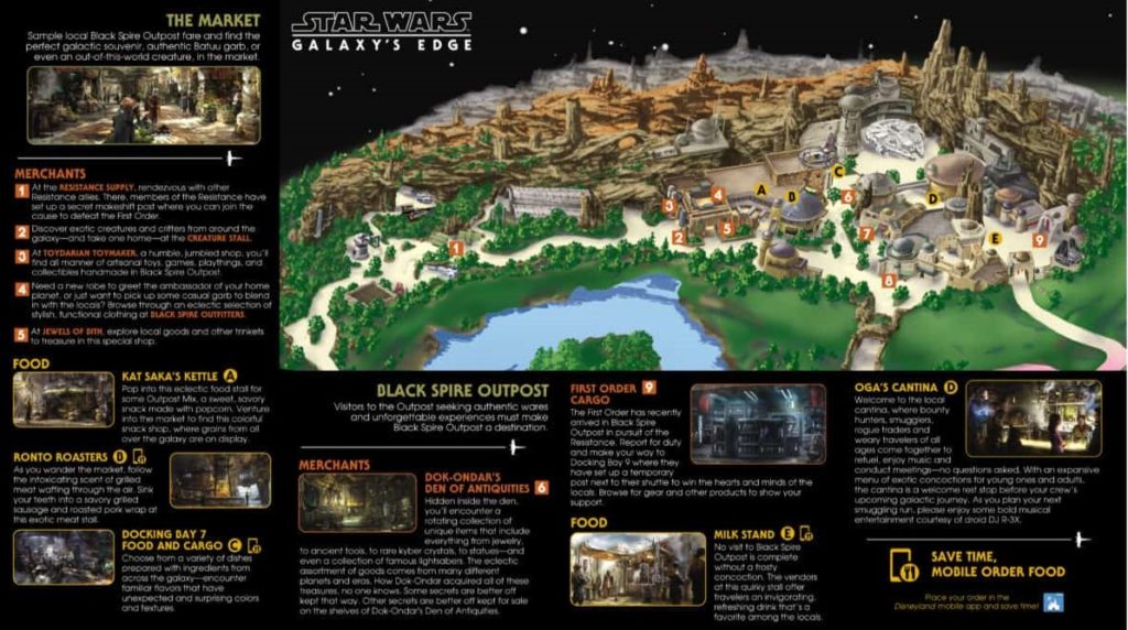 The stores and dining locations with brief descriptions located by a key on a map of Star Wars: Galaxy’s Edge.