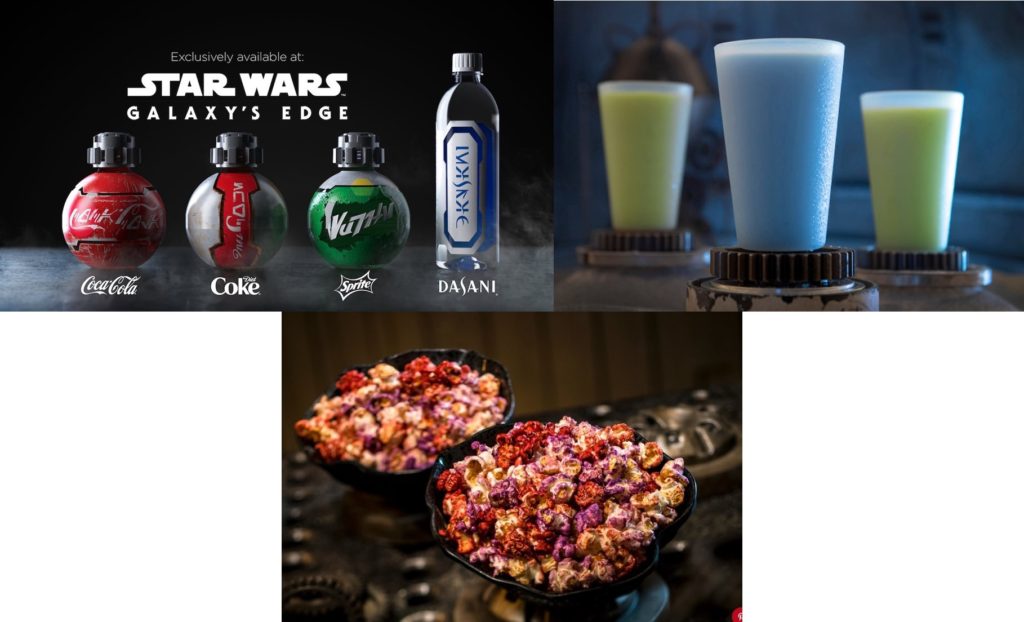 Clockwise: Star Wars themed Coke, Diet Coke, Sprite, and Dasani Water bottles; three glasses of blue and green milk; and the Outpost Mix. ©Disney 