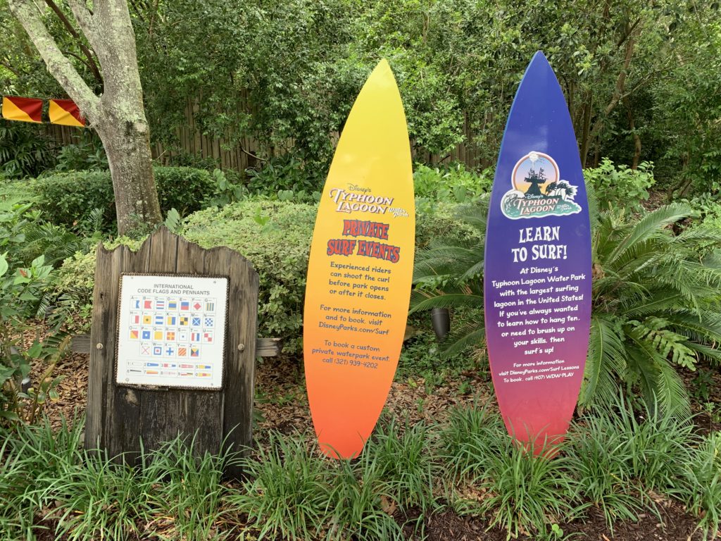 Signs at Disney's Typhoon Lagoon for Surf Lessons and Events