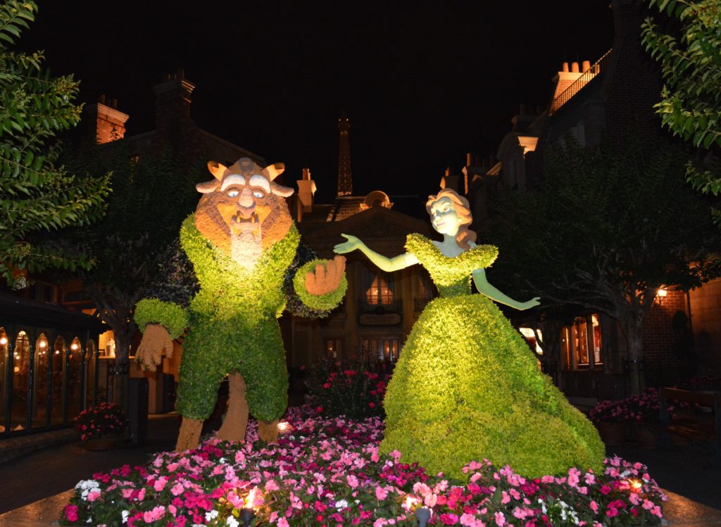 The Beauty and the Beast topiaries in the France Pavilion of Epcot’s World Showcase.