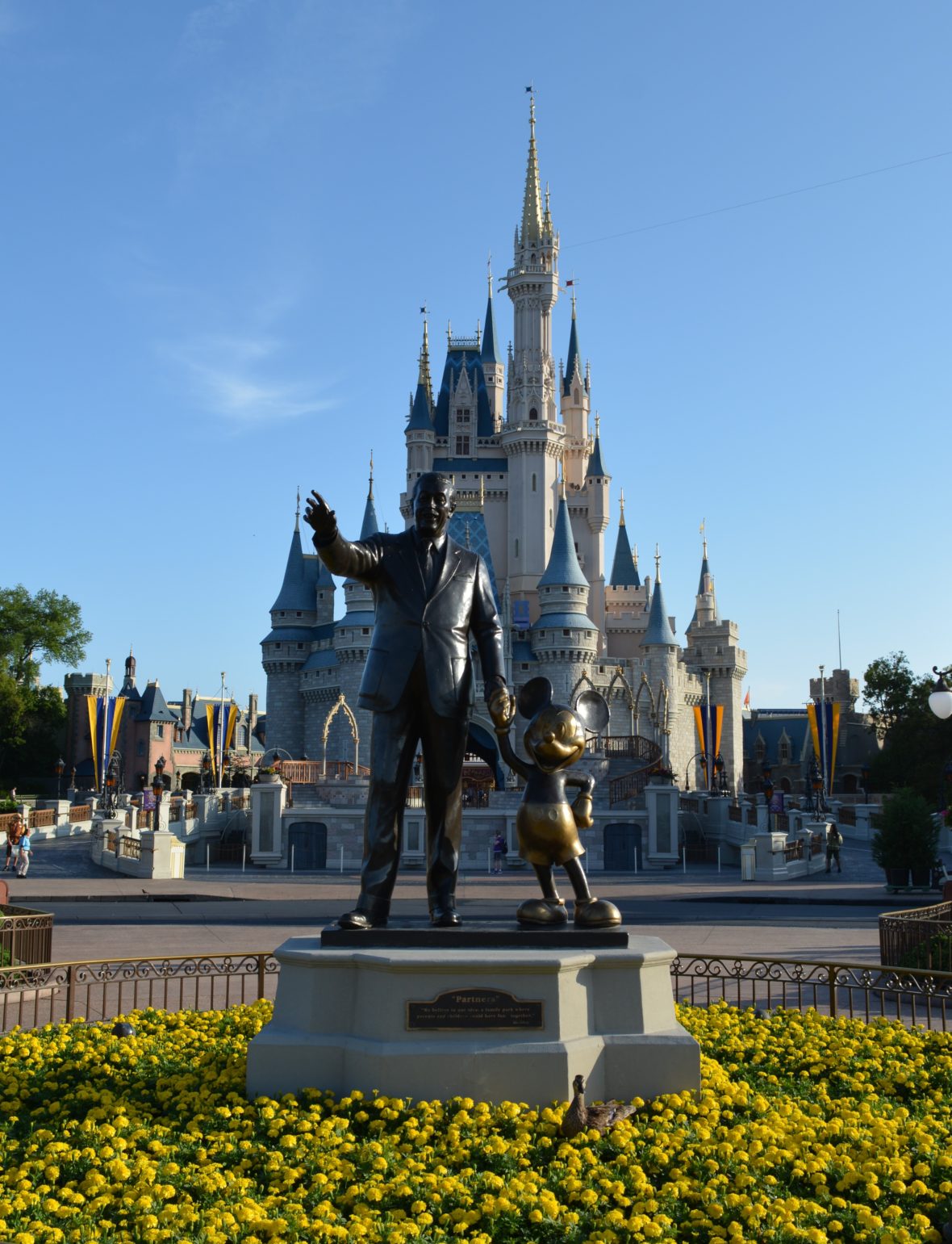 The Mickey and Walt Statue in front of Cinderella Castle in Walt Disney World