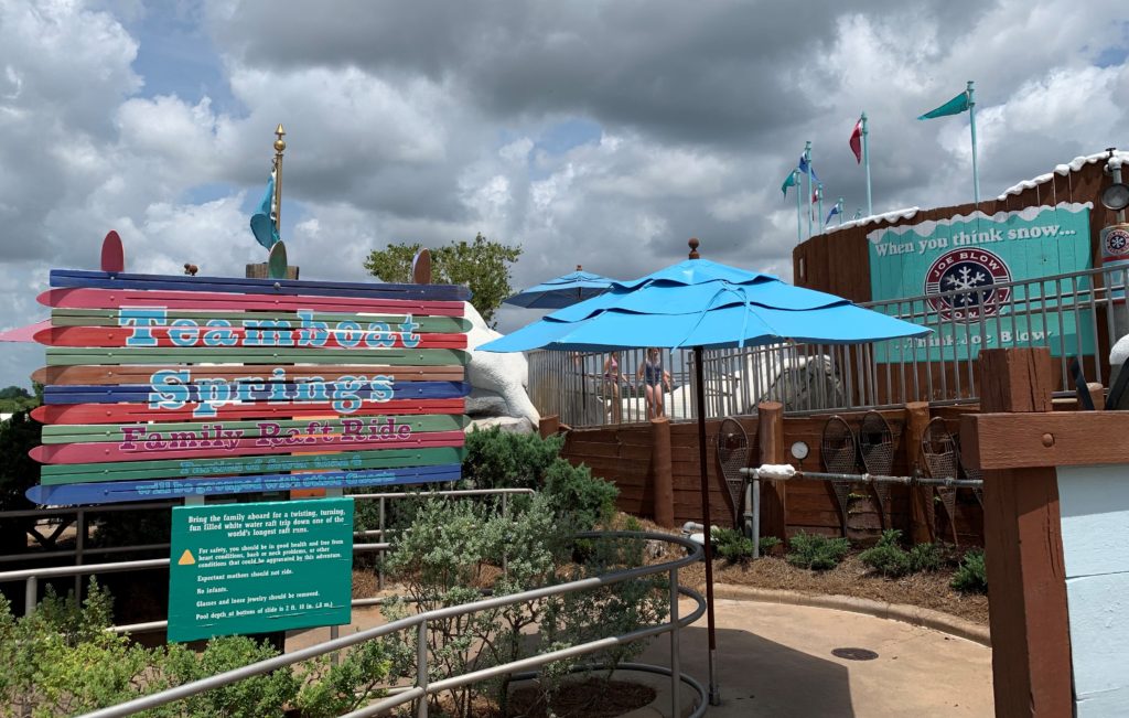 The sign for the family/group raft ride at Blizzard Beach—Teamboat Springs.  