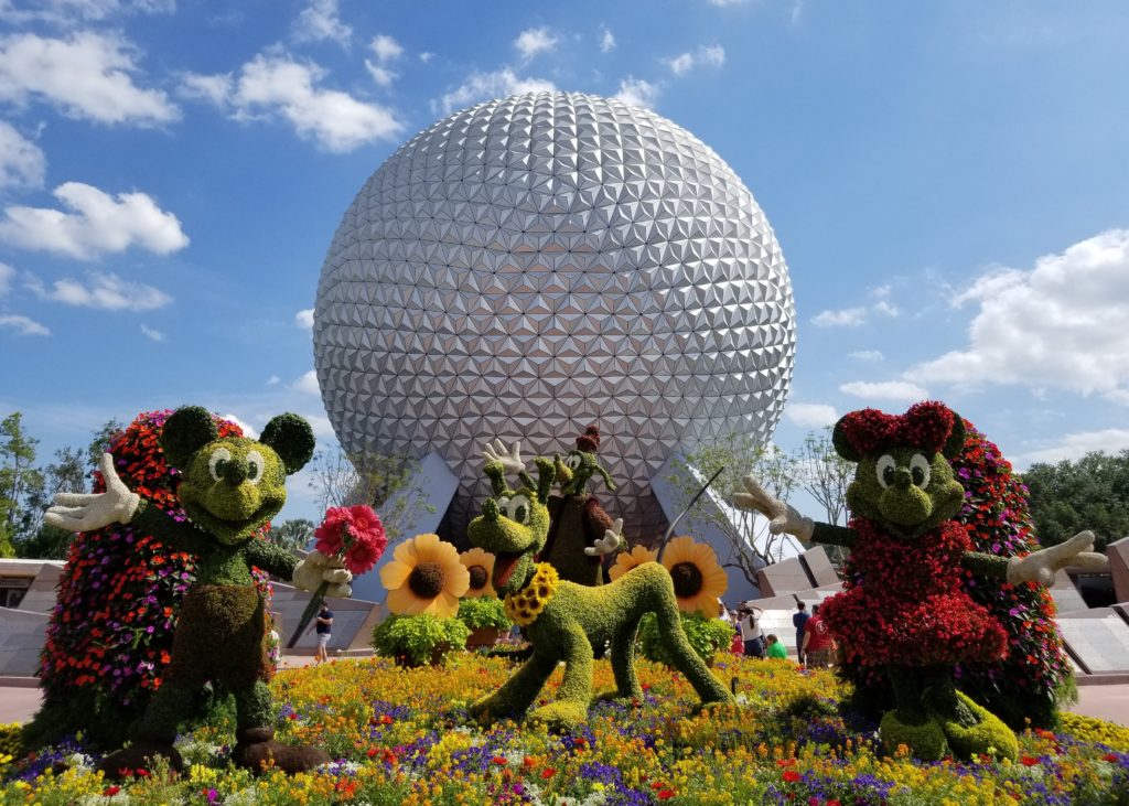 A Picture of Spaceship Earth with Mickey, Minnie and Pluto in Epcot in Walt Disney World.