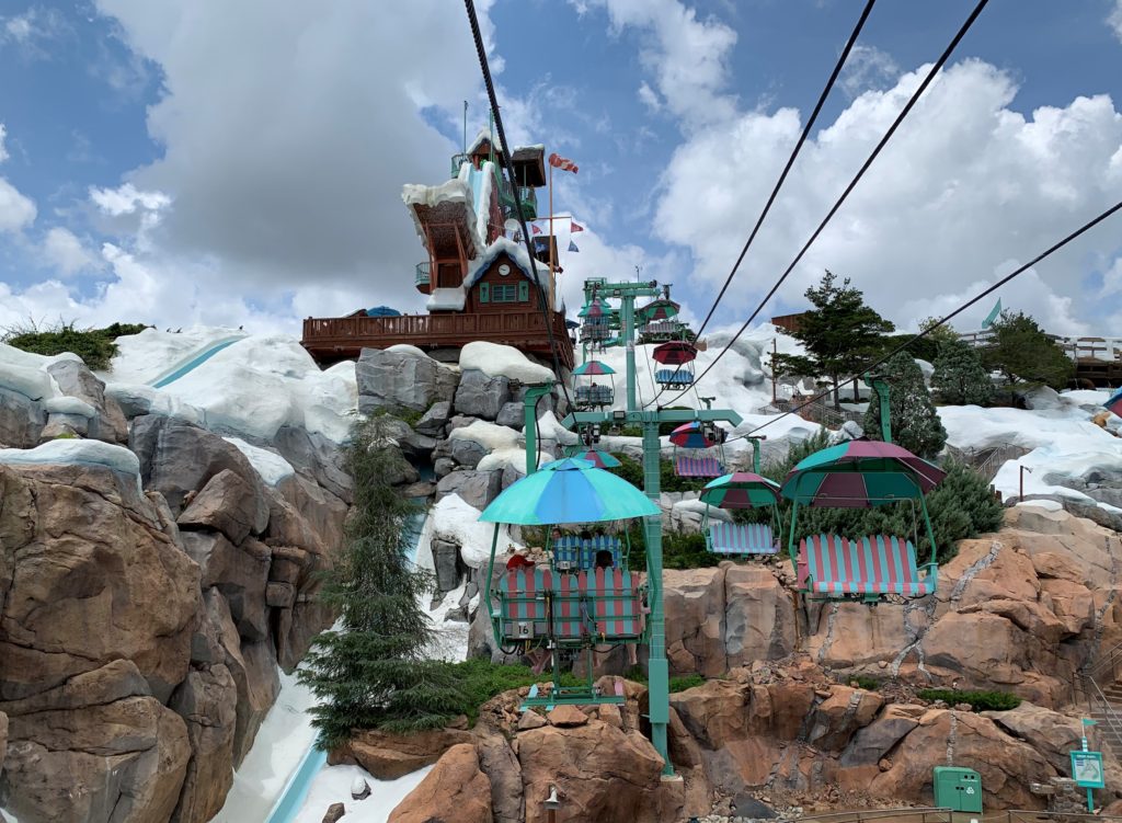 A picture of the Chairlift heading up Mount Gushmore at Disney’s Blizzard Beach.