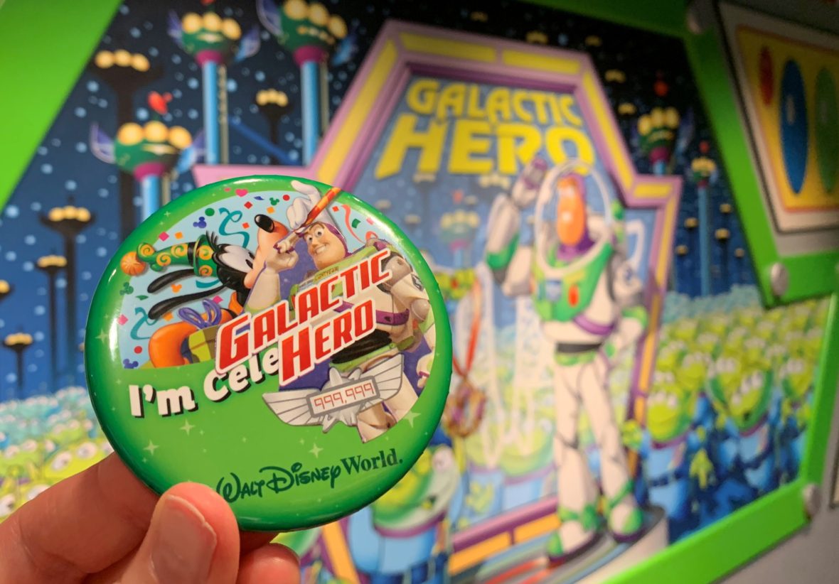 A Galactic Hero Sticker on a Walt Disney World "I'm Celebrating" Button