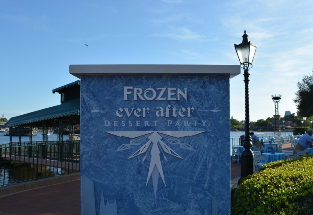 A Sign for the Frozen Ever After Dessert Party in Epcot's World Showcase