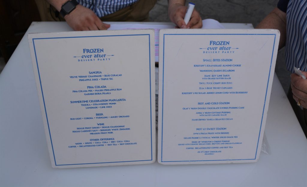 The menu display for the Frozen Ever After Dessert Party