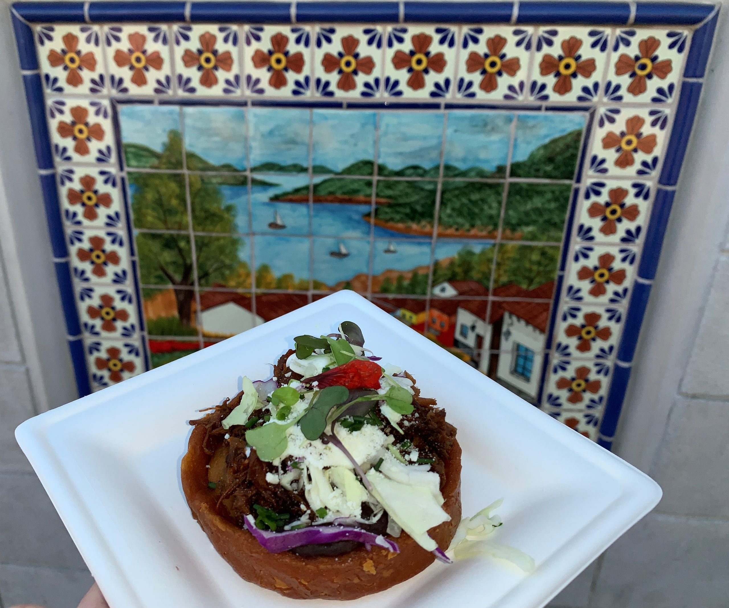 Sopes de Barbacoa: Braised Barbacoa Beef served on Fried Guajillo Corn Shell with Black Beans, Cotija Cheese, Mexican Cream and Chives from El Arista Hambriento in Mexico 