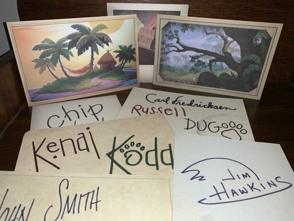 Autograph cards for Disney characters at the DVC Moonlight Magic 2020 Animal Kingdom event.