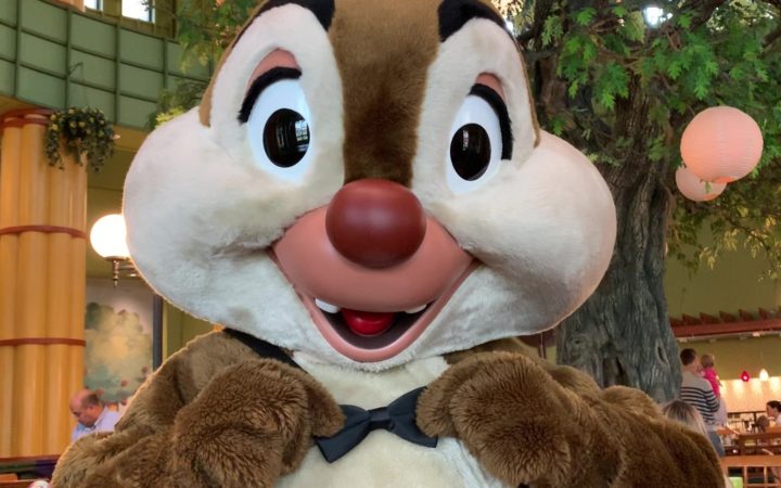 Picture of Dale of Chip 'n' Dale holding a black bowtie up to his neck at The Garden Grove restaurant in the Walt Disney World Swan Resort