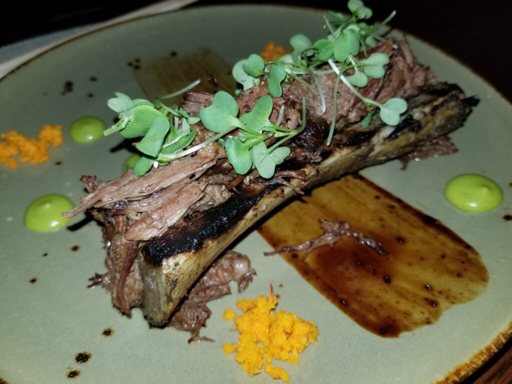 A picture of cooked, pulled meat with micro greens on top resting on a charred bone that had been cut open on a round plate with bright colored garnishings at four points around the bone and a scrape of sauce down the middle of the plate.