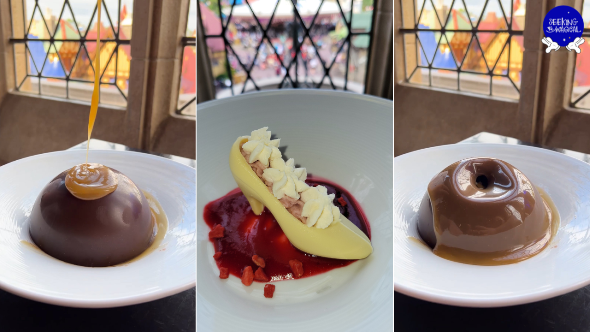The Lost Slipper Dessert at Cinderella's Royal Table in the Magic Kingdom - Trio of pictures with the first being hot caramel sauce drizzled on a milk chocolate dome, the middle picture is a mini-white chocolate slipper filled with raspberry mouse and whipped cream that is under the dome, and the final picture is the dome melting to reveal the slipper.