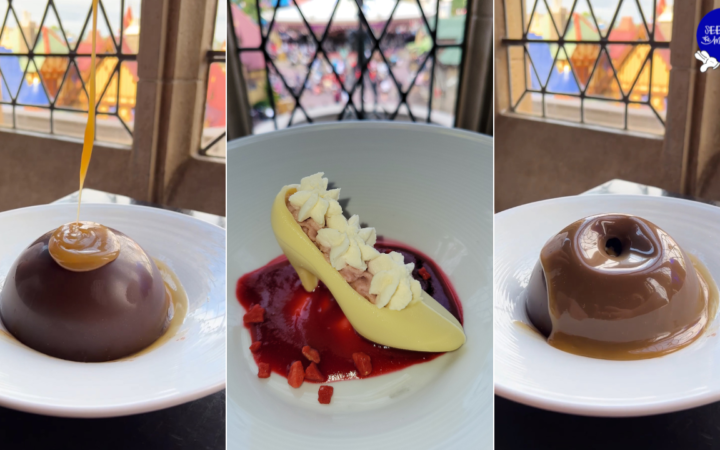 The Lost Slipper Dessert at Cinderella's Royal Table in the Magic Kingdom - Trio of pictures with the first being hot caramel sauce drizzled on a milk chocolate dome, the middle picture is a mini-white chocolate slipper filled with raspberry mouse and whipped cream that is under the dome, and the final picture is the dome melting to reveal the slipper.