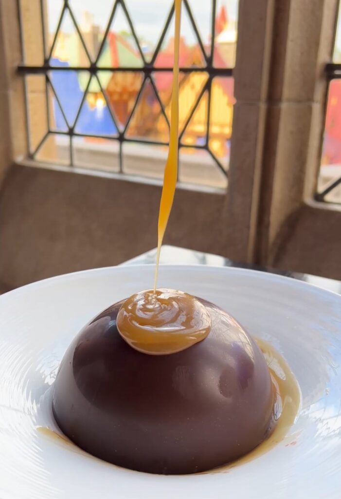 The Lost Slipper Dessert at Cinderella's Royal Table in the Magic Kingdom - Trio of pictures with the first being hot caramel sauce drizzled on a milk chocolate dome, the middle picture is a mini-white chocolate slipper filled with raspberry mouse and whipped cream that is under the dome, and the final picture is the dome melting to reveal the slipper.